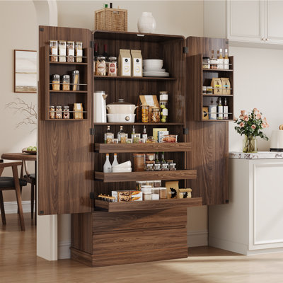 71" Kitchen Pantry Cabinet with Arched Handcrafted Door, 3 Pull-Out Shelves & 1 Drawer, Pantry Storage Cabinet with 6 Door Shelf & Adjustable Shelf, Freestanding Cupboard for Kitchen, Dining Room