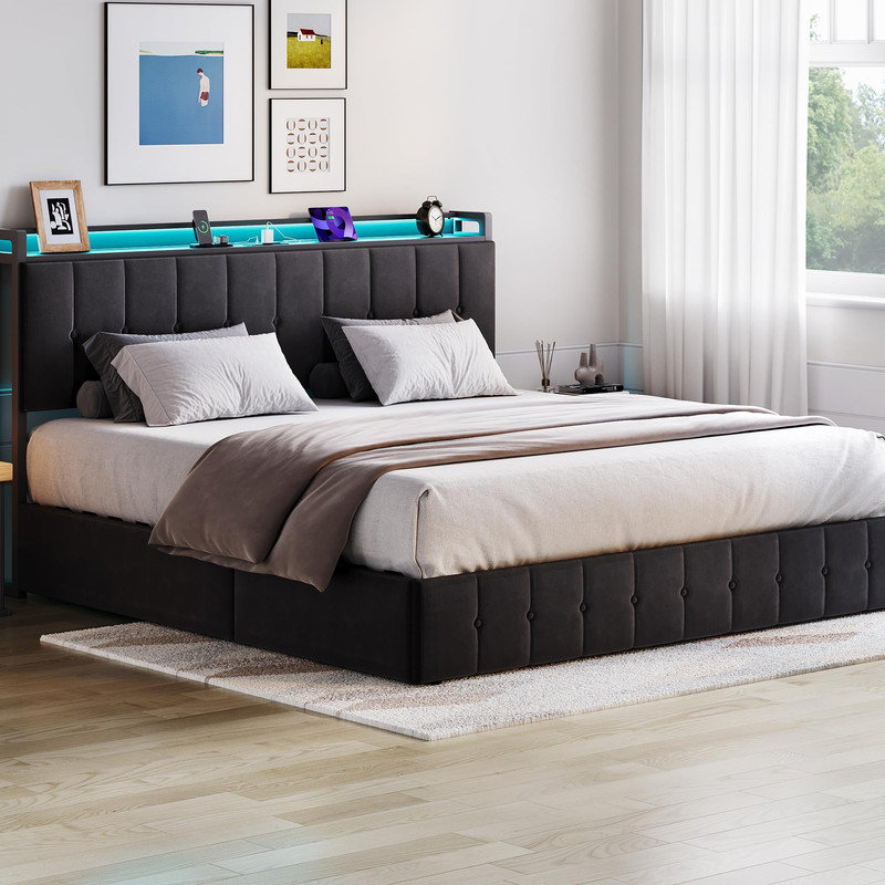 LED Lift-Up Storage Bed with Charging Station & Hidden Compartment