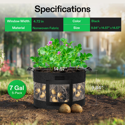 7 Gallon Visible Nonwoven Fabric Grow Bag (5-pack)
