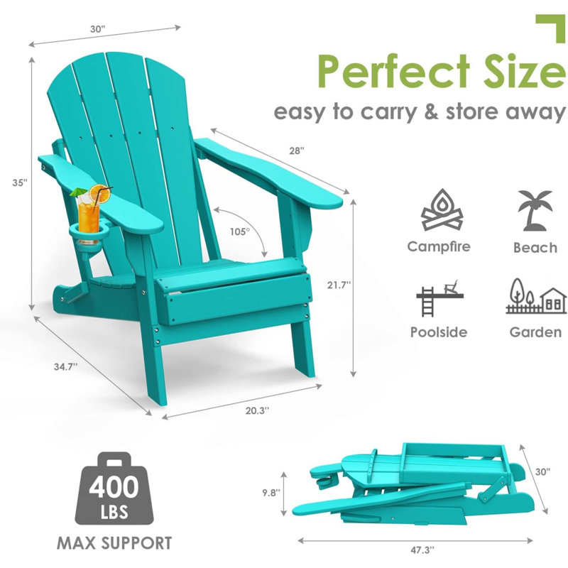 Folding Adirondack Chairs Set Of 4 All Weather Firepit Chair Cup Holder Aqua For Campfire Deck Backyard Patio Outdoor Poolside Lawn