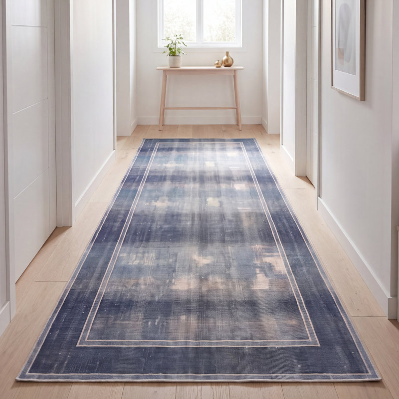 Tapis Fairfax moderne minimaliste à bordure géométrique, bleu marine, turquoise, gris, crème et rose, lavable à la machine, antidérapant, à poils courts, pour l'intérieur et l'extérieur, adapté aux animaux domestiques, idéal pour le salon, la chambre, la salle à manger, l'entrée, le couloir ou le bureau.