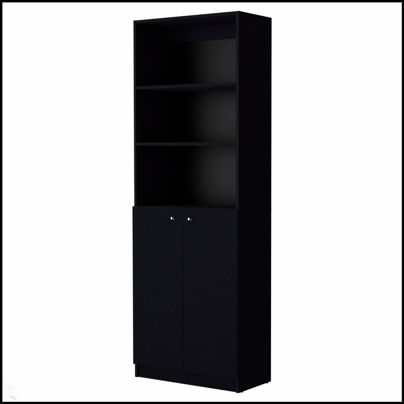 Élégante bibliothèque noire à 2 portes avec rangement dissimulé et tablettes spacieuses, pour un décor moderne et traditionnel.