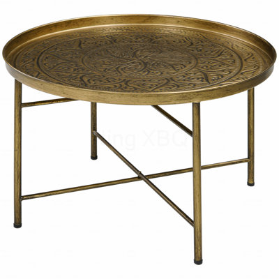 24" Round Metal Coffee Table Living Room With Hammered Tray Top Vintage Center Table For Bedroom Side Table Gold