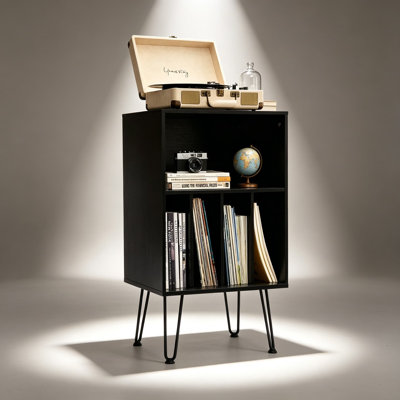 Record Player Stand with Vinyl Storage, Record Storage Cabinet Holds Up to 150 Albums, Turntable Stand with Open Shelves, Mid-Century Modern End Table