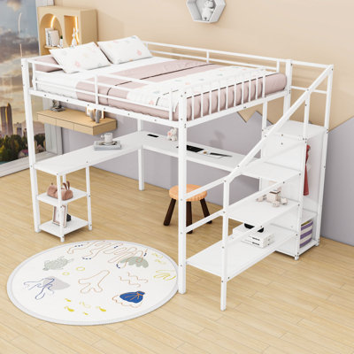 Metal Queen Loft Bed With Wardrobe, LED Light, Desk And USB