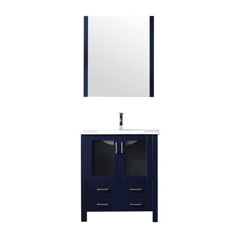 Bleu marine, 30 po W, meuble-lavabo, plateau en céramique blanche, robinet à un trou, poignée de miroir ovale encadrée à fixation murale 28 po