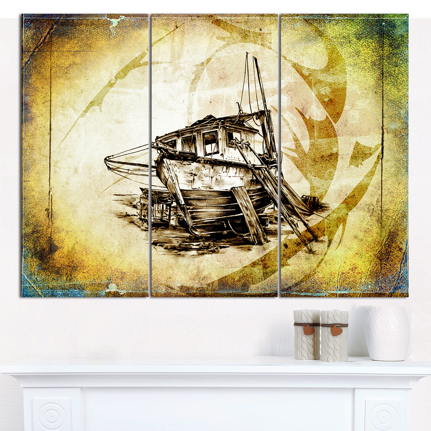 DesignArt Drawing of Large Ancient Boat Graphic Art Print Multi