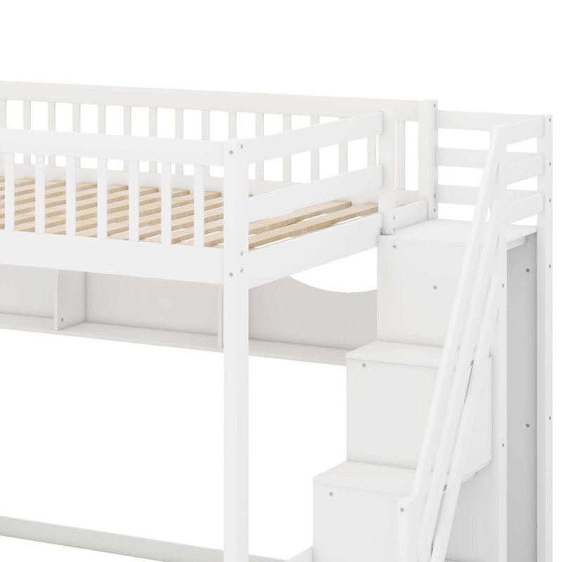 Queen Size Wood Loft Bed Frame With Staircase,Storage Shelves & Wardrobe, White