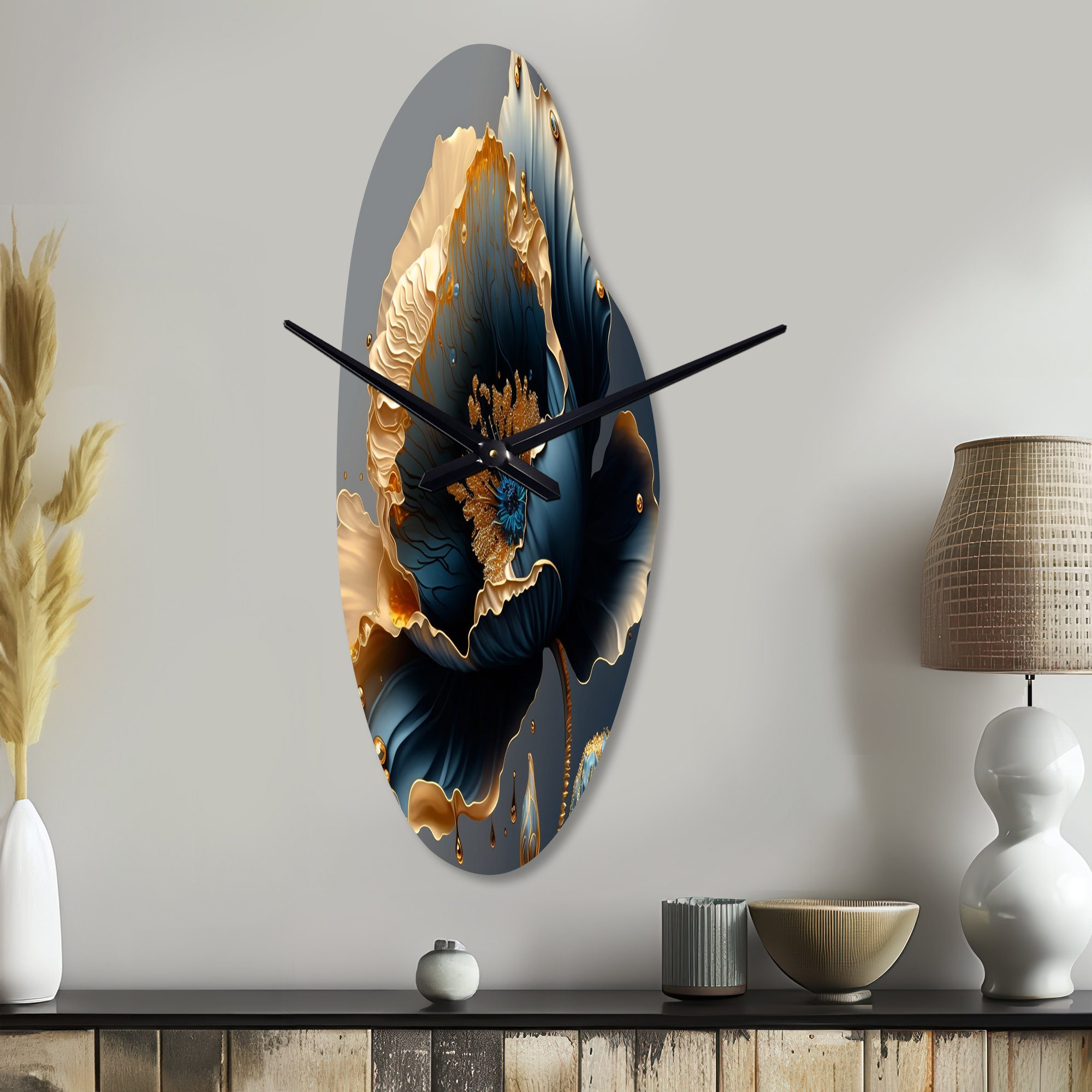 Design Art Deep Blue And Gold Single Flower IV Curved Shape Floral 3D