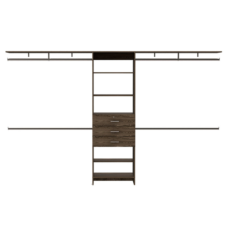 Système d'organisation modulaire pour garde-robe avec tringles de suspension, Noyer, H 73,8 po x l 118,1 po x P 16,3 po