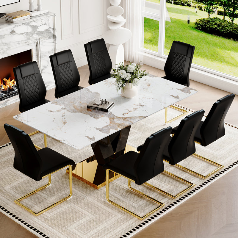 Ensemble de table de salle à manger en verre 71 po pour 8 personnes, ensemble de table de salle à manger en marbre à motif en forme de V noir