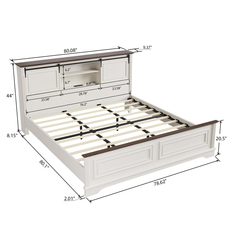 Cadre de lit plateforme très grand Farmhouse avec tête de lit avec porte de grange coulissante et station de charge - Lit en bois rustique avec tablettes de rangement