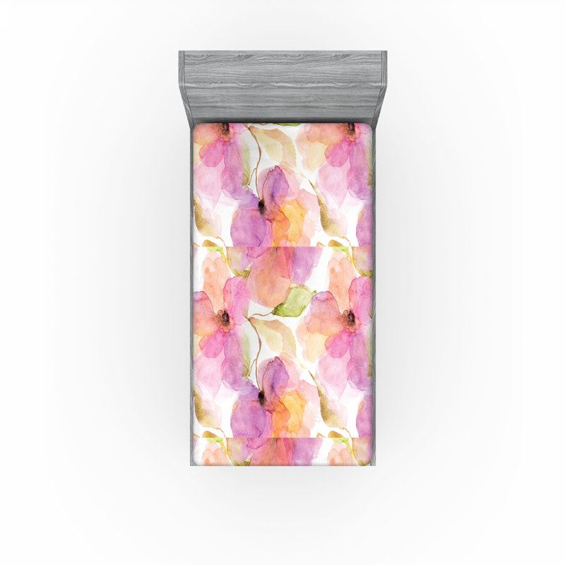 Drap-housse floral Ambesonne, Drap-housse de taille simple, Rose, pêche, vert pastel / floral