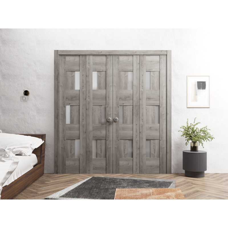Portes coulissantes doubles pliantes pour placard 96 x 80 (4 x 24 x 80) Sete 6933 Gris Nebraska avec verre dépoli, rails robustes, moulures, garnitures, quincaillerie, portes de placard en bois massif pour chambre à coucher