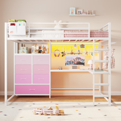 Lit mezzanine en métal pour enfant (taille simple) avec bureau en L, 7 tiroirs de rangement, éclairage DEL RVB et borne de recharge, barrière de sécurité de 33,3 cm, échelle, sommier non requis, rose