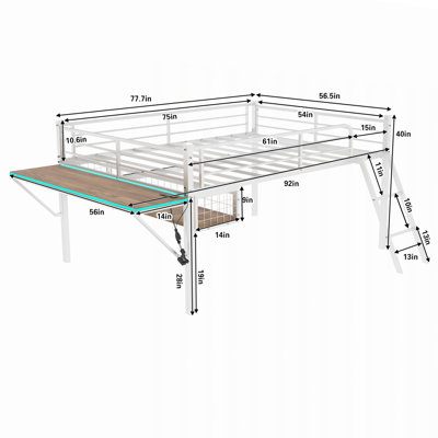 Lit mezzanine en métal avec bureau intégré, lumière DEL et garde-corps