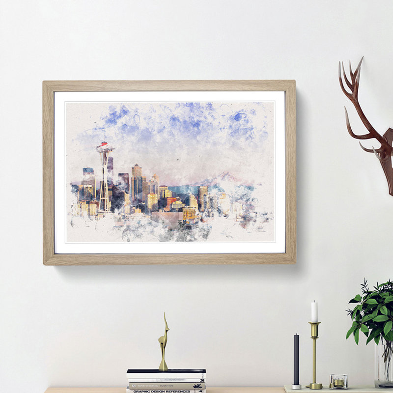 Seattle Skyline - Picture Frame Painting Print, 45cm H x 63cm W x 2cm D, Oak Framed