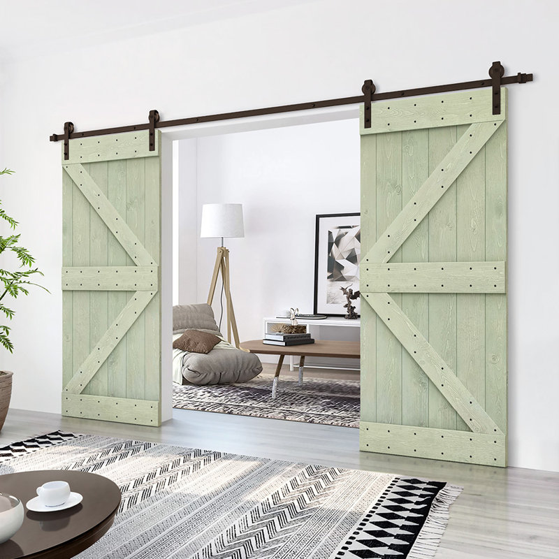 Porte de grange double à panneaux en bois teinté K Series avec ensemble de quincaillerie coulissante, 48 po x 84 po