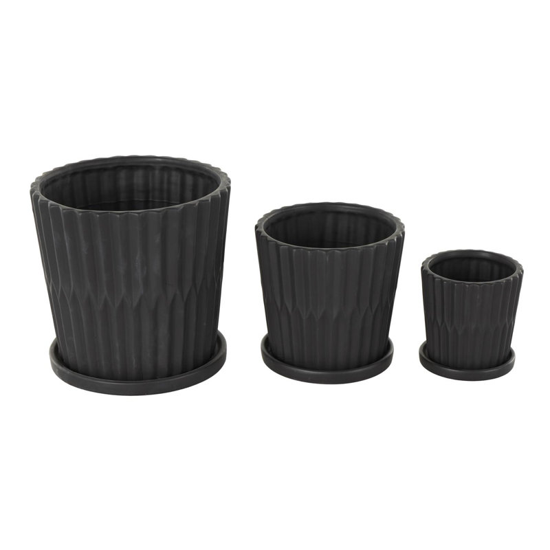 Cole And Grey 3 Piece Ceramic Ribbed Planter With Attached Saucer Set, Black