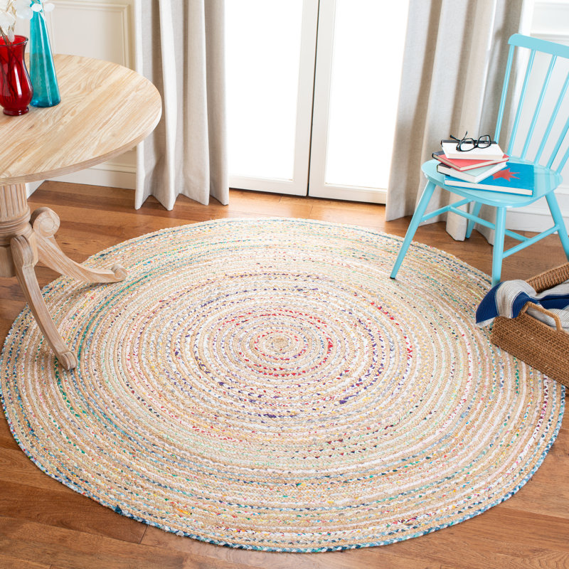 Criddle Natural Fiber Hand Loomed Jute/Cotton Striped Rug in Taupe/Ivory, Round 6'6"