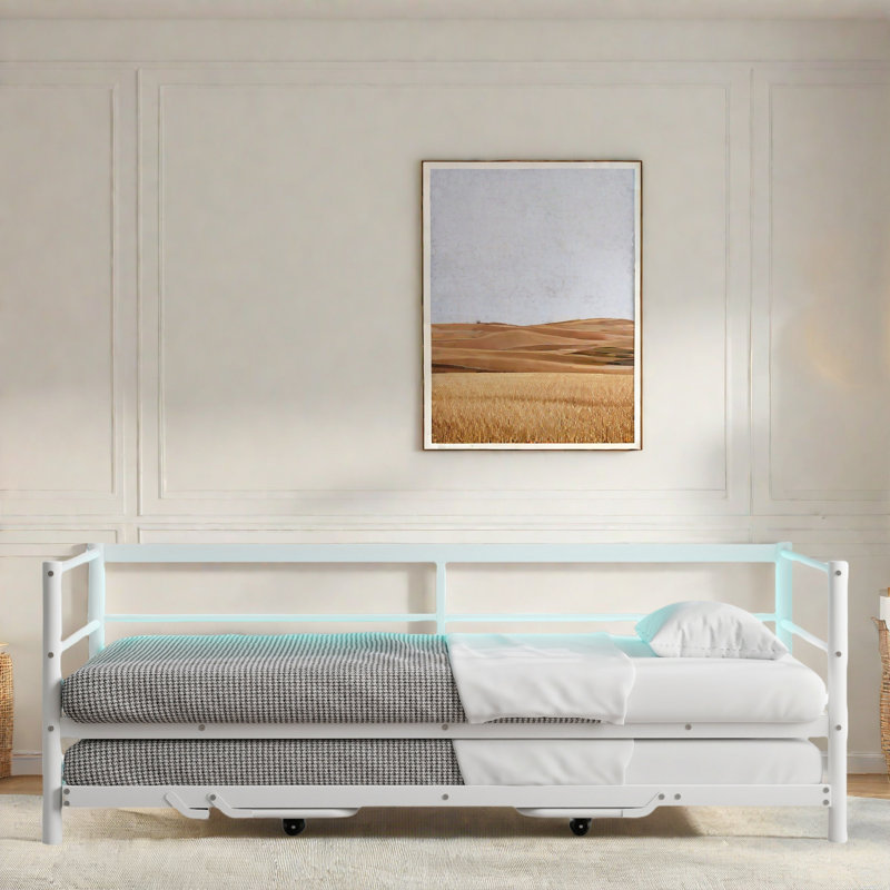Metal Daybed With Led And Adjustable Trundle, White