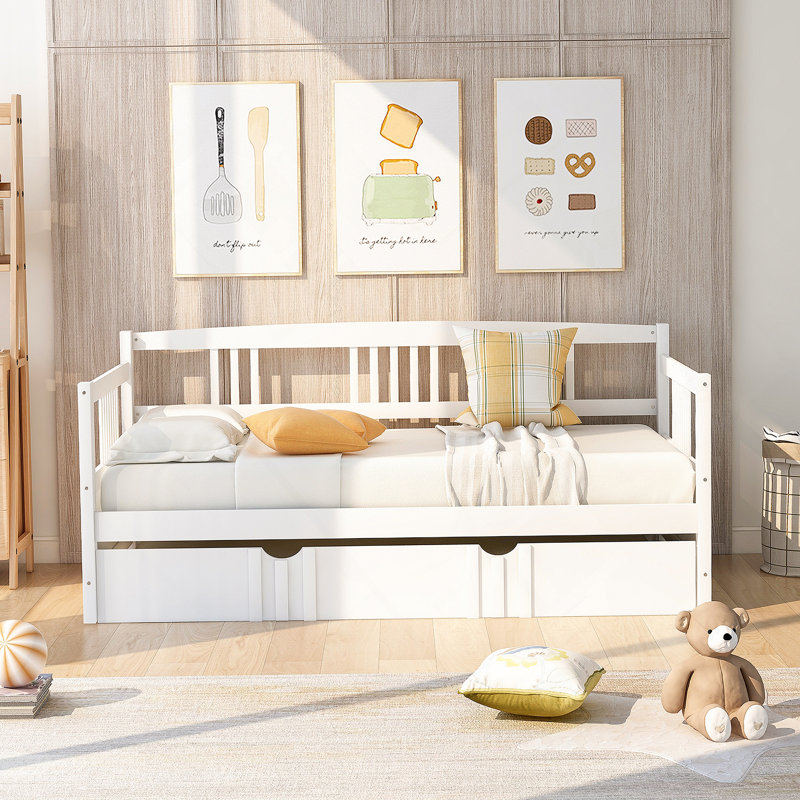 Lit de jour en bois avec lit gigogne simple, Simple, Blanc
