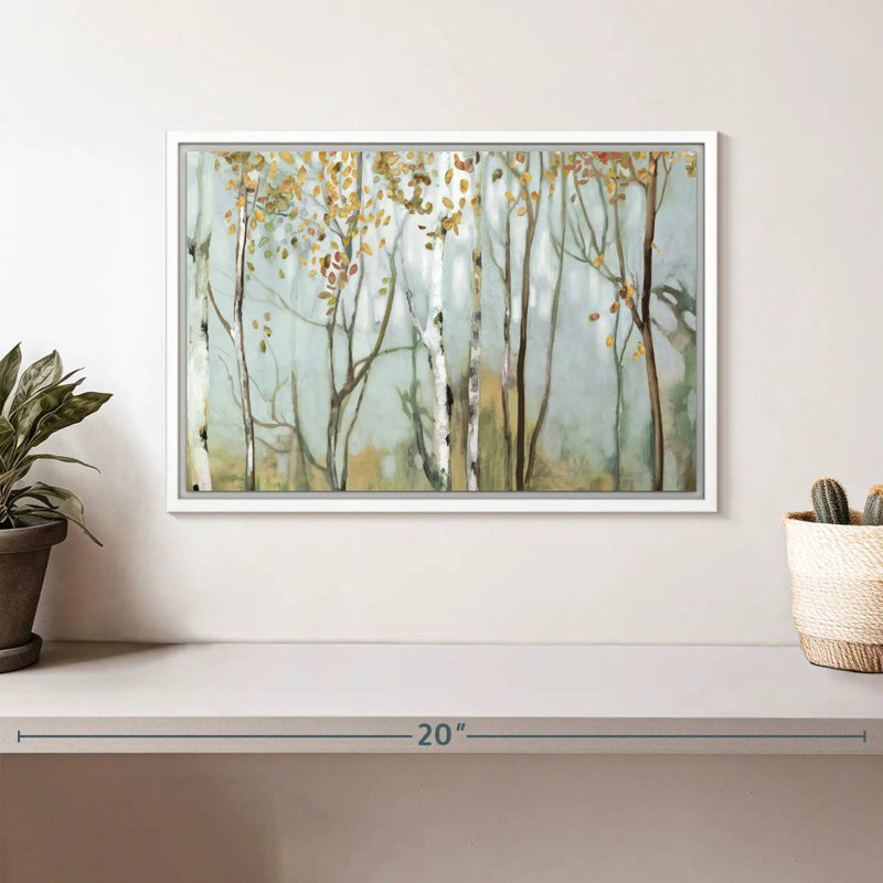 Bouleau dans le brouillard II, Cadre flottant blanc, 13 po x 9 po