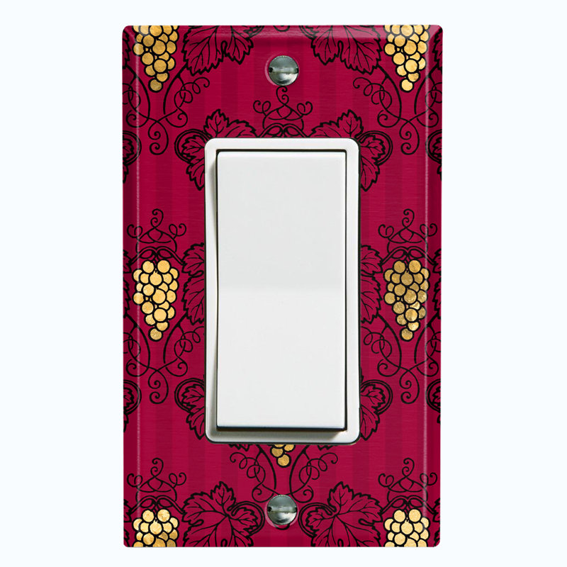 Metal Light Switch Plate Outlet Cover (Damask Yellow Grapes Maroon Red Flowers - Single Toggle)