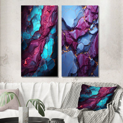 «Blue and Mauve Marble Volcano I», ensemble de 2 reproductions d'art abstraites sur toile