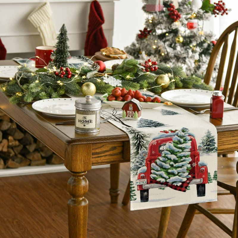 Chemin de table Waterclor Snow Tree Truck, 13 po x 36 po