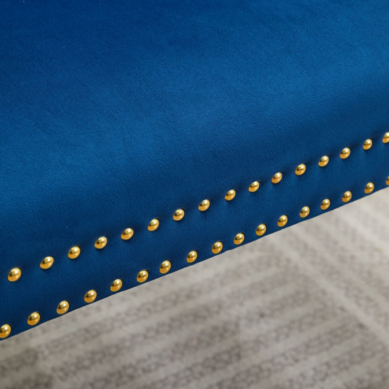 Banc capitonné à 2 places avec pieds, Bleu, Bleu, Doré