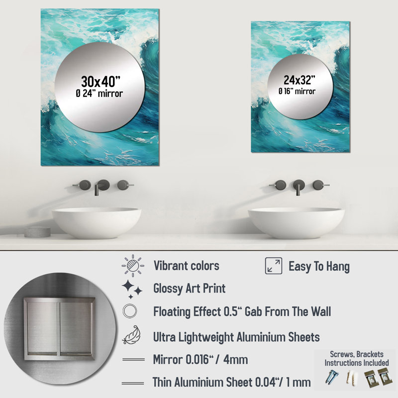 Yorman Ocean Teal Wave Expression I - miroir décoratif de vagues, miroir mural bleu, impression d'art en métal, 40 po x 30 po
