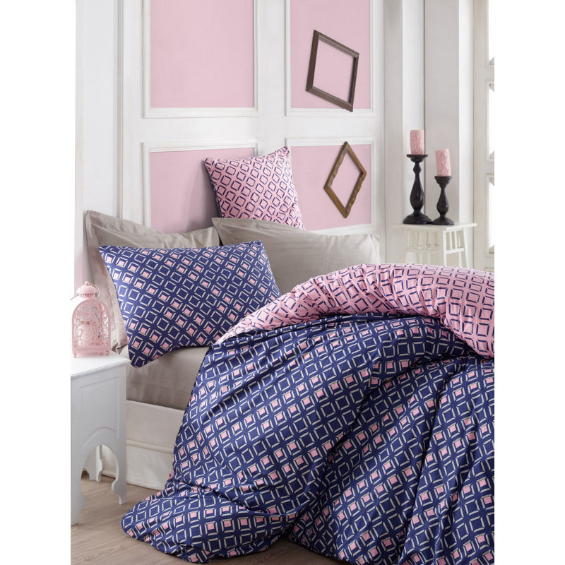 Ensemble de housse de couette 100% coton bleu / rose Kerria, Housse de couette 87 po x 87 po + 1 taie d'oreille
