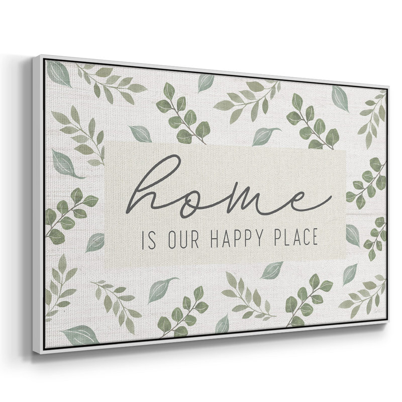 "Home is our happy place", art textuel sur toile, H 27 po x l 41 po x P 2 po, Blanc
