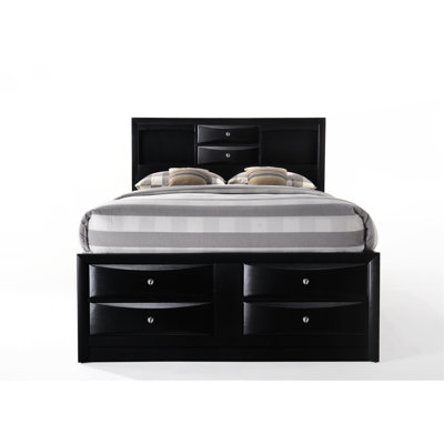 Queen Bed With Black Finish And Storage, 8 Drawers In Headboard Rails, 5 Platform Board Panels Bookcase - Drawer Slats, 660Lbs Weight Limit