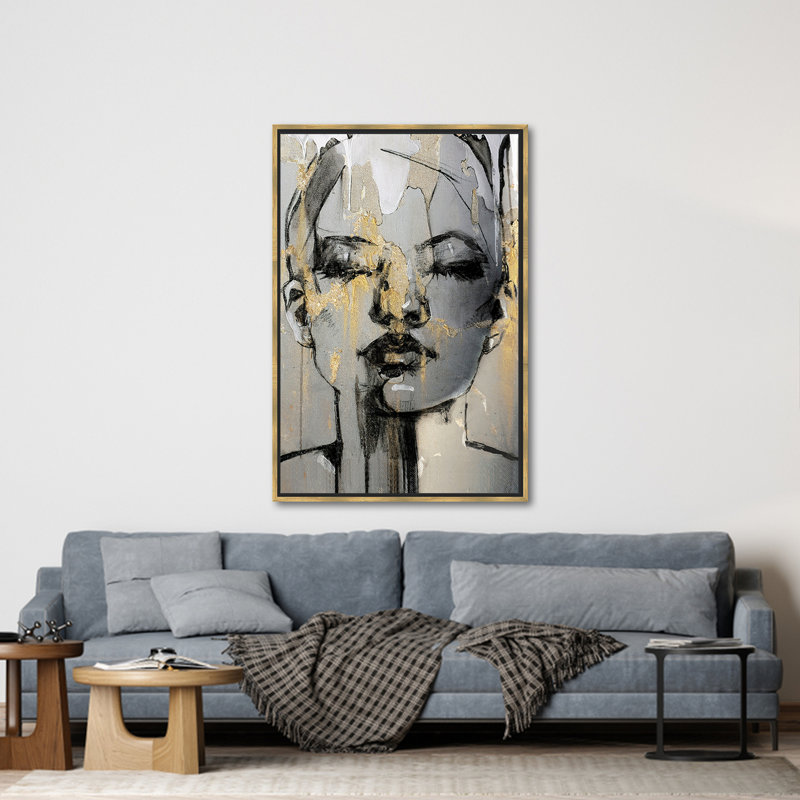 «Abstract Woman Face», impression sur toile tendance pour décoration intérieure moderne, H 65 po x l 45 po, Doré