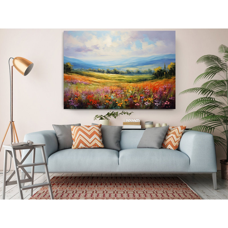 Reproduction de peinture à l'huile de fleurs sauvages dans un champ avec un ciel bleu, H 40 po x l 60 po
