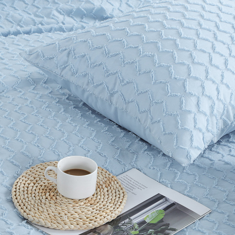 Ensemble d'édredon en jacquard et capitonné Suniya, Édredon pour très grand lit + 2 très grandes ta, Bleu clair