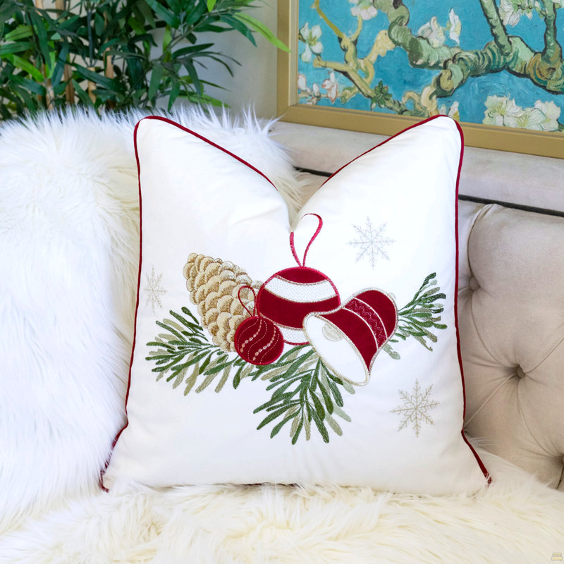 Coussin de Noël avec broderie pomme de pin et ornement - 20 x 20 avec insert, Simple