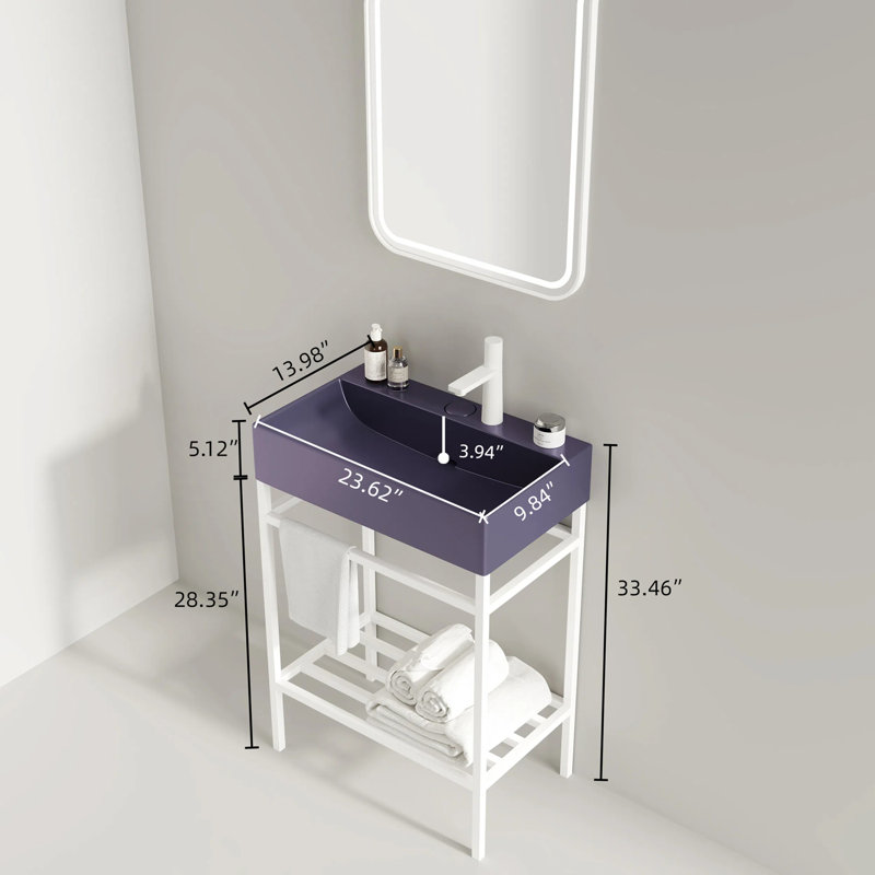 Meuble-lavabo autoportant avec lavabo en céramique, Blanc, Mauve