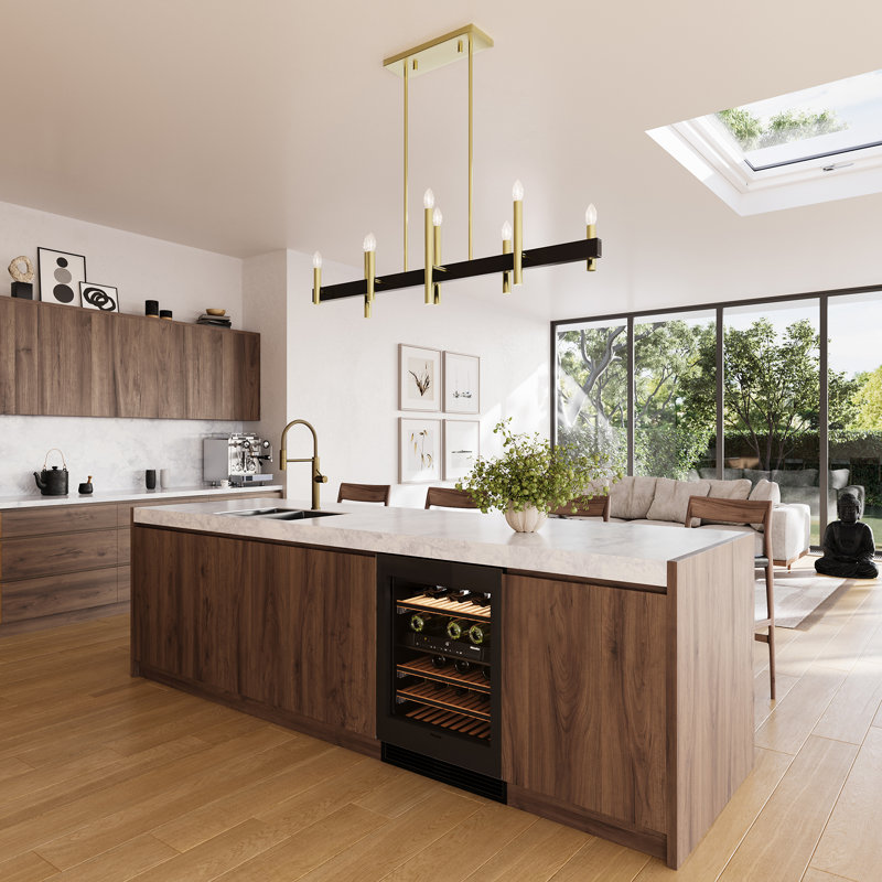 Lustre linéaire très grand en laiton satiné 8 lumières avec accents bronze, Laiton satiné, 8