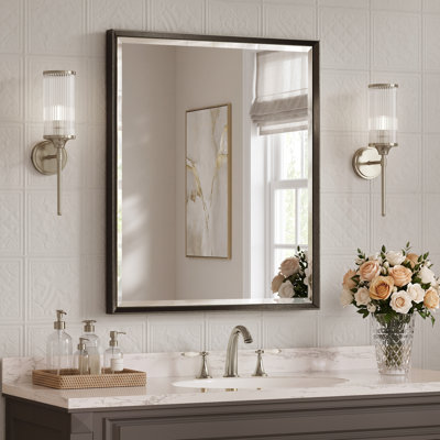 Miroir de salle de bain biseauté double, miroir mural en verre trempé avec bords réfléchissants et cadre en aluminium antirouille pour lavabo