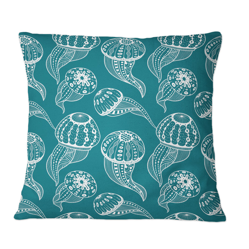 Coussin décoratif à motif de méduse blanche sur fond bleu, 18 po x 18 po