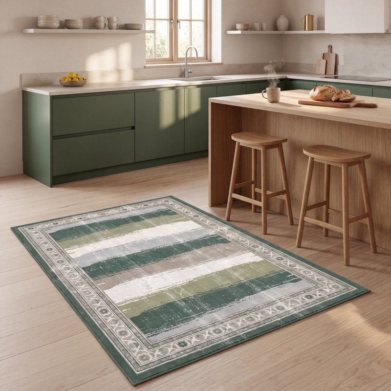 Tapis Sandbar2 moderne à rayures effet pinceau, vert, gris et blanc, antidérapant, à poils courts, pour intérieur et extérieur, adapté aux animaux domestiques, salon, chambre, salle à manger, entrée, couloir, bureau, lavable