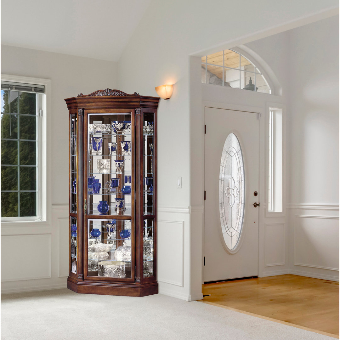 Breunig II Corner Curio Cabinet, Crown Pediment, Fluted Columns, Touch-Lite Multi-Level Lighting Darby Home Co