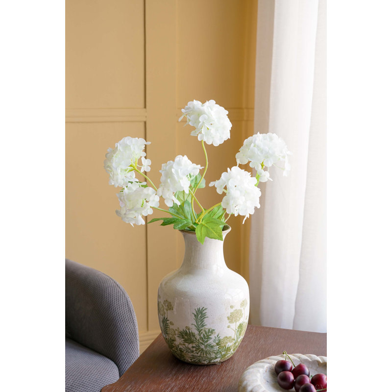 6.9X6.9X10" White Ceramic Vase With Green Floral Motif