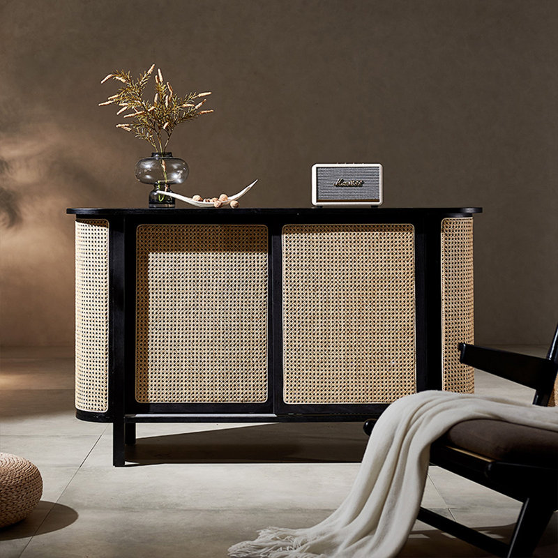 Modern Black Solid Wood Sideboard, 35.43" H x 59.06" W x 17.72" D, Black