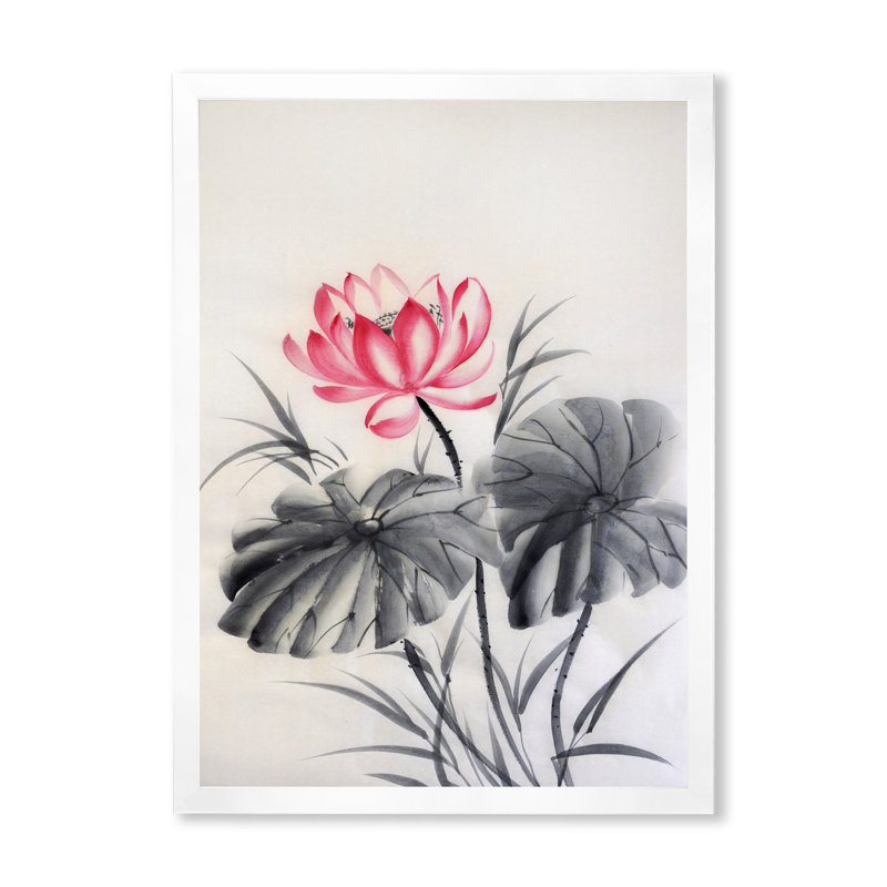Fleur de lotus avec deux feuilles monochromes - peinture sur toile, H 32 po x l 16 po x P 1 po, Cadre blanc