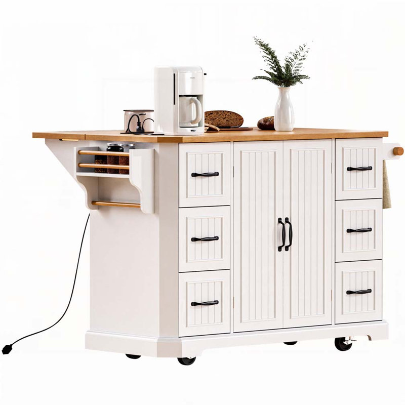 Kitchen Island with Drop Leaf, Power Outlet, 4 Door Shelves, 4 Wheels with 6 Deep Drawers for Kitchen, White