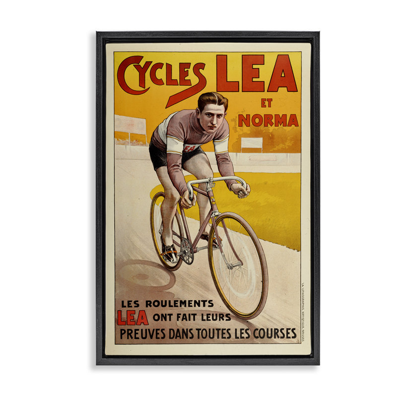Cadre flottant jaune avec affiche de vélo antique, design par Marcus Jules, Cadre flottant noir de jais, H 25 po x l 17 po